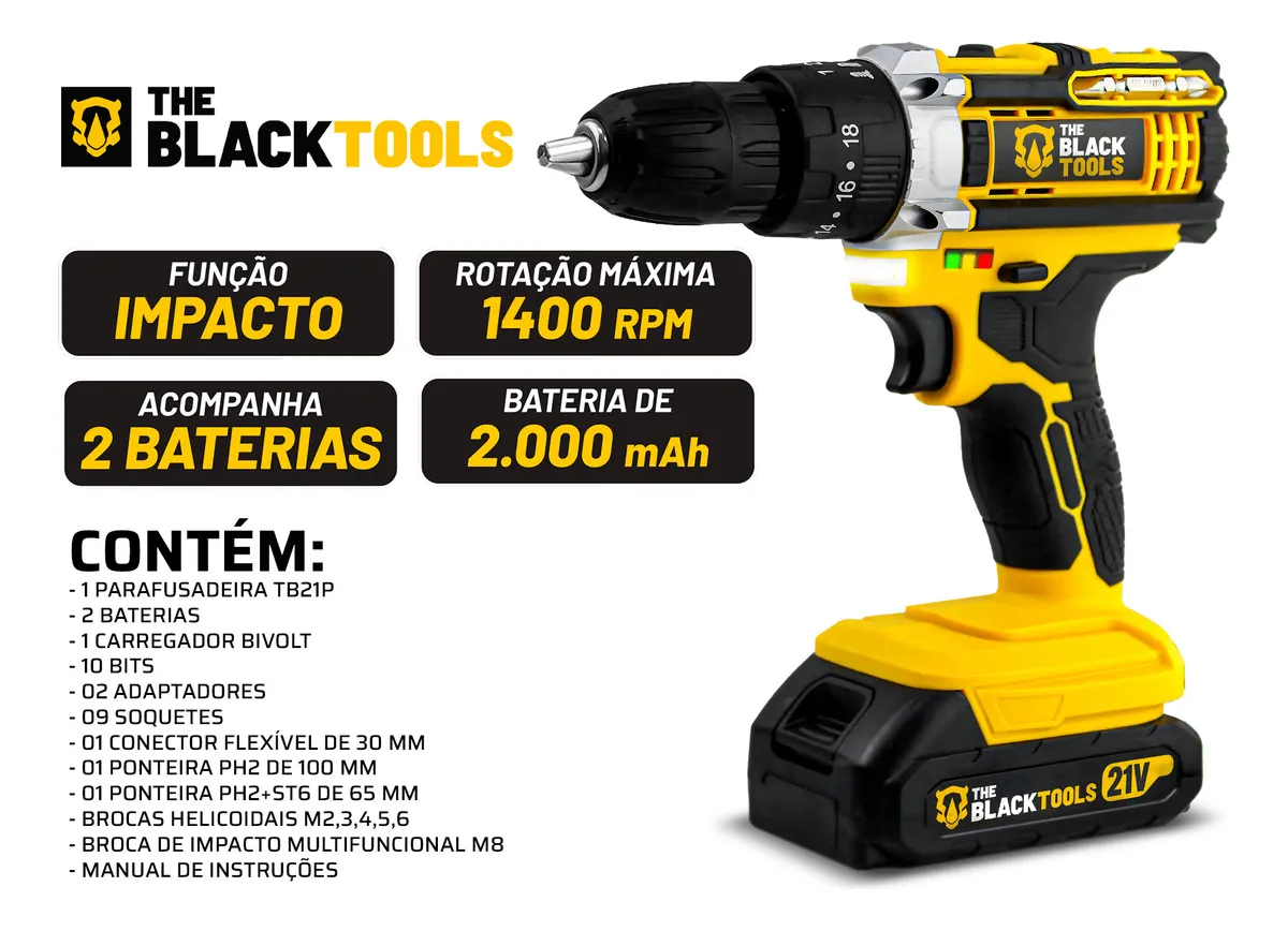 Furadeira De Impacto The Black Tools Profissional TB-21PX 2 Baterias Com Maleta 60Hz Amarelo