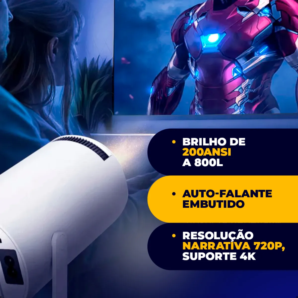 Mini Projetor Portátil Hy300 4K com Android, Wi-Fi e Bluetooth