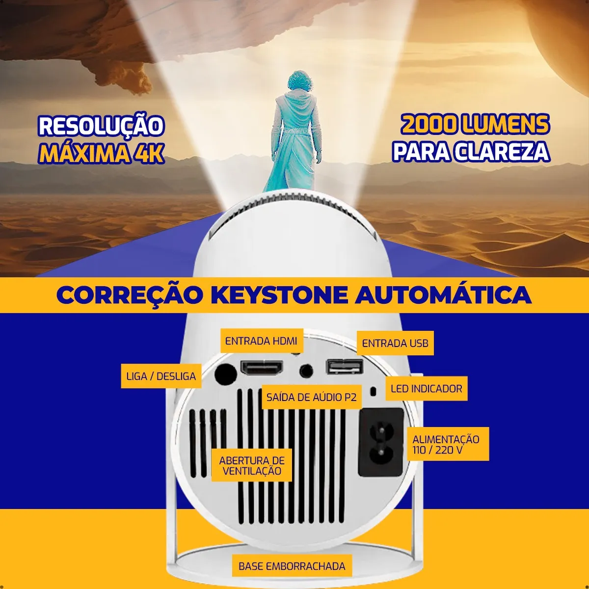 Mini Projetor Portátil Hy300 4K com Android, Wi-Fi e Bluetooth