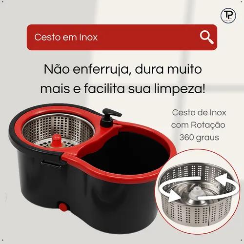 Mop Giratório Balde Cesto Inox Limpeza Esfregão 360 Spin