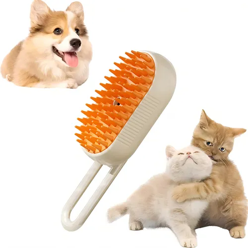 Escova de vapor massageadora macia para cães e gatos 3 em 1 com alça bege