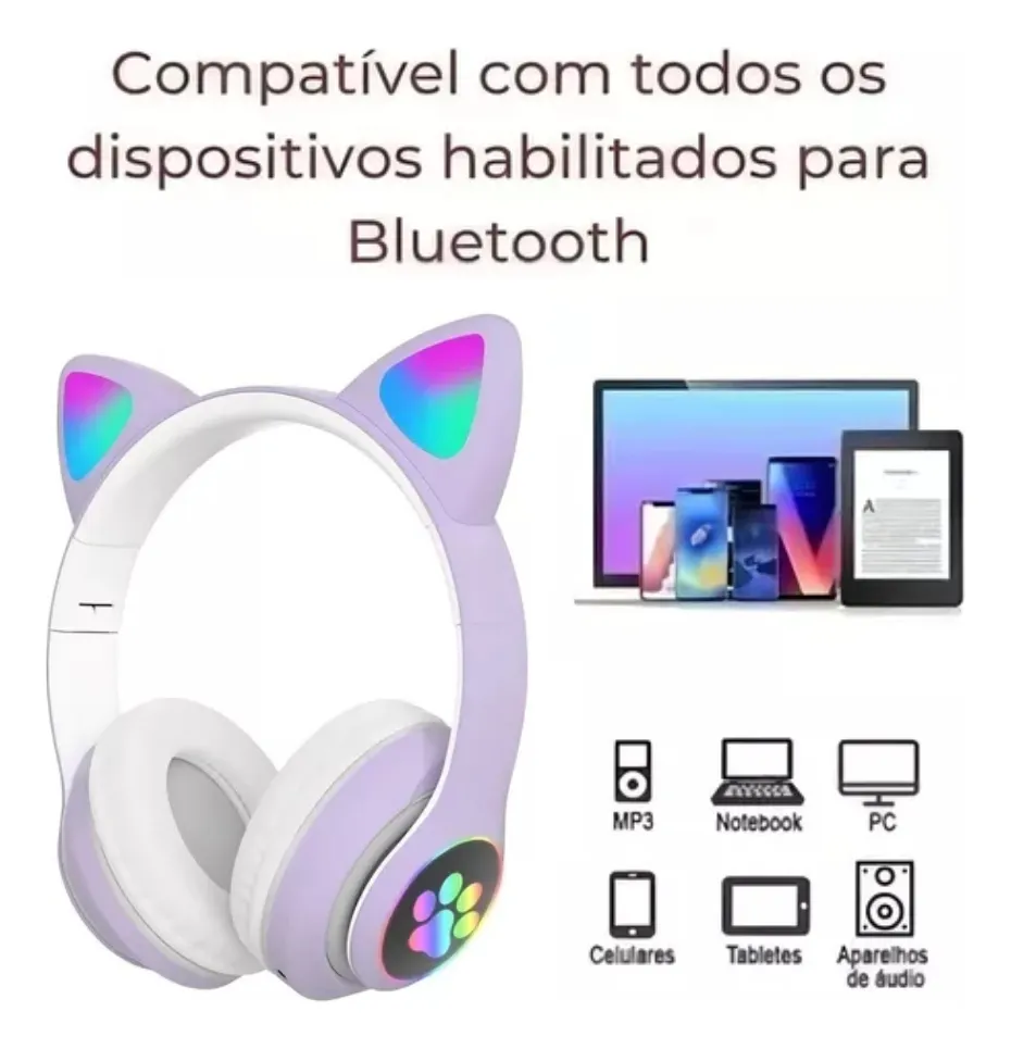 Fone De Ouvido Bluetooth Led Orelha Gato Infantil Headphone