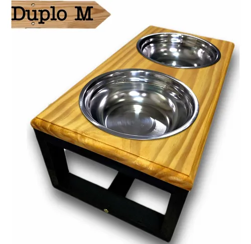 Comedouro Para Cachorro Gato Dois Potes Ração Água Inox - M Madeira